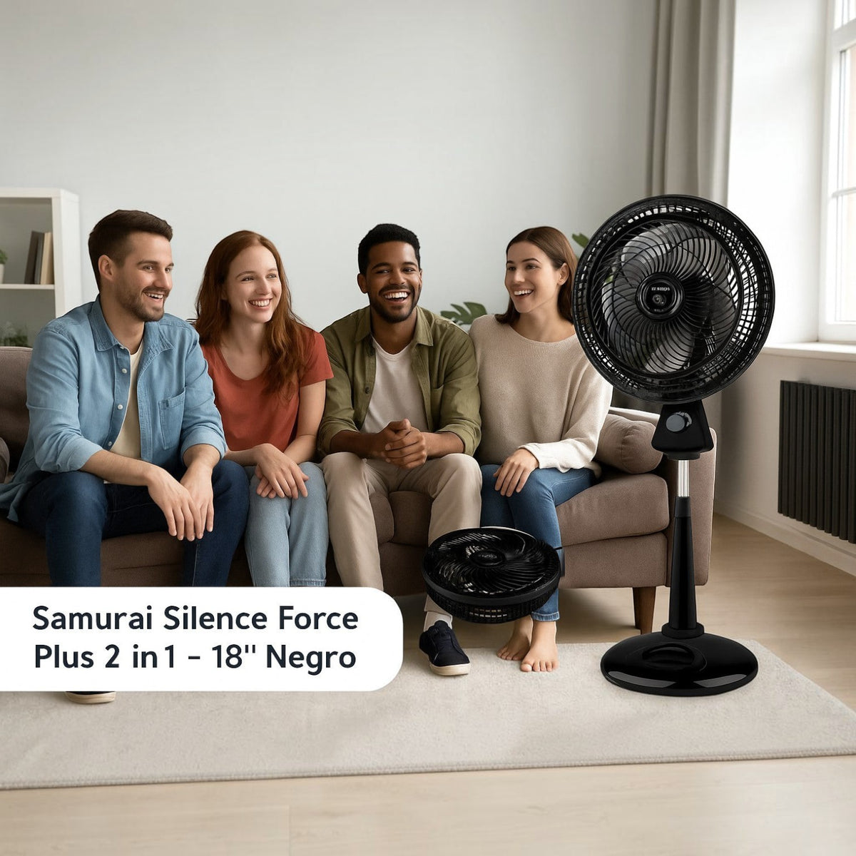 GalaxiaTel Electronics Samurai Silence Force Plus 2-in-1 black pedestal fan in a modern living room with four people.