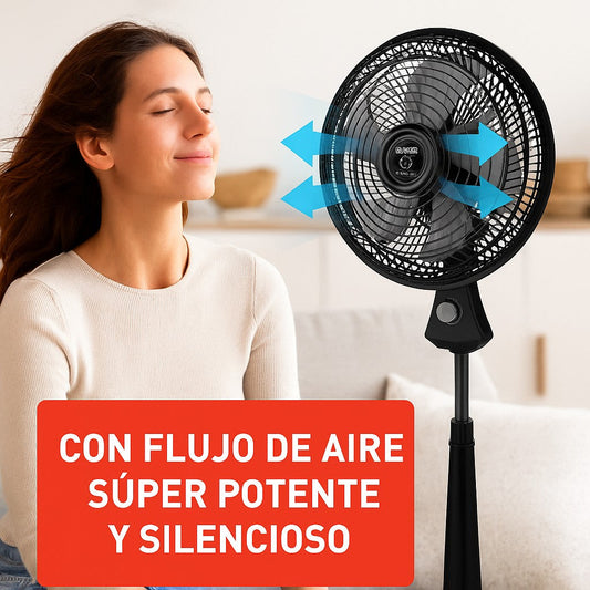 GalaxiaTel Electronics Samurai Silence Force Plus 2-in-1 black pedestal fan providing quiet cooling to a woman