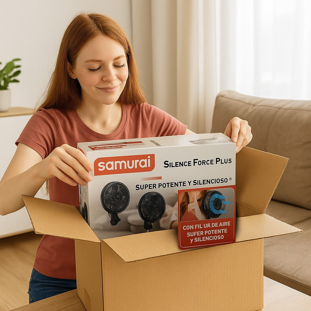 GalaxiaTel Electronics customer unboxing a Samurai Silence Force Plus 2-in-1 fan in a bright living room