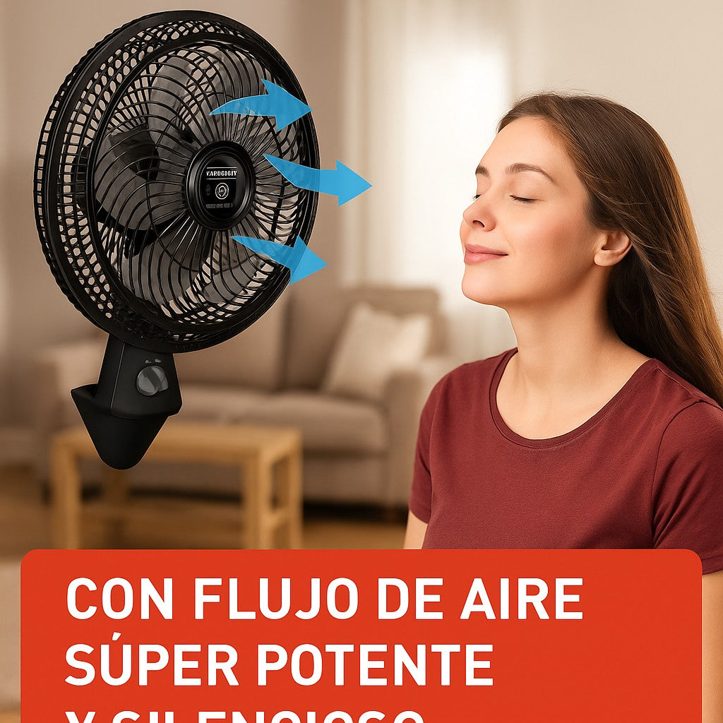 GalaxiaTel Electronics Samurai Silence Force Plus 2-in-1 black wall-mounted fan cooling a woman in a living room