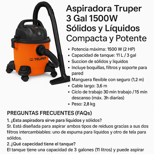 Aspiradora de sólidos y líquidos, 3 gal, plástica, TRUPER