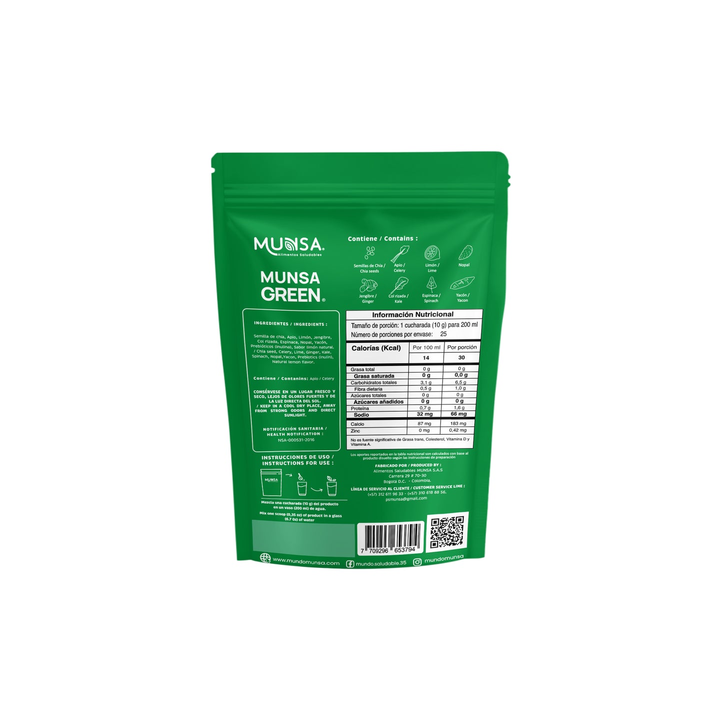 Munsa Green Mix De Frutas Y Verduras Verdes 250g Con Nopal Espinaca Brócoli Jengibre Limón Superfood Vegano Prebióticos Suplemento Saludable